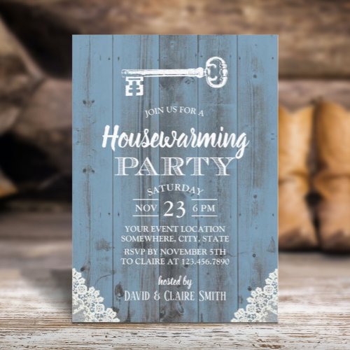 Rustic White Lace Dusty Blue Housewarming Party Invitation