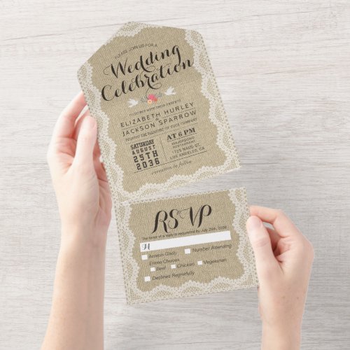 Rustic White Lace Frame Natural Linen Wedding RSVP All In One Invitation