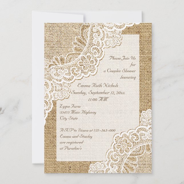 Rustic white lace on burlap wedding couples shower invitation (Front)