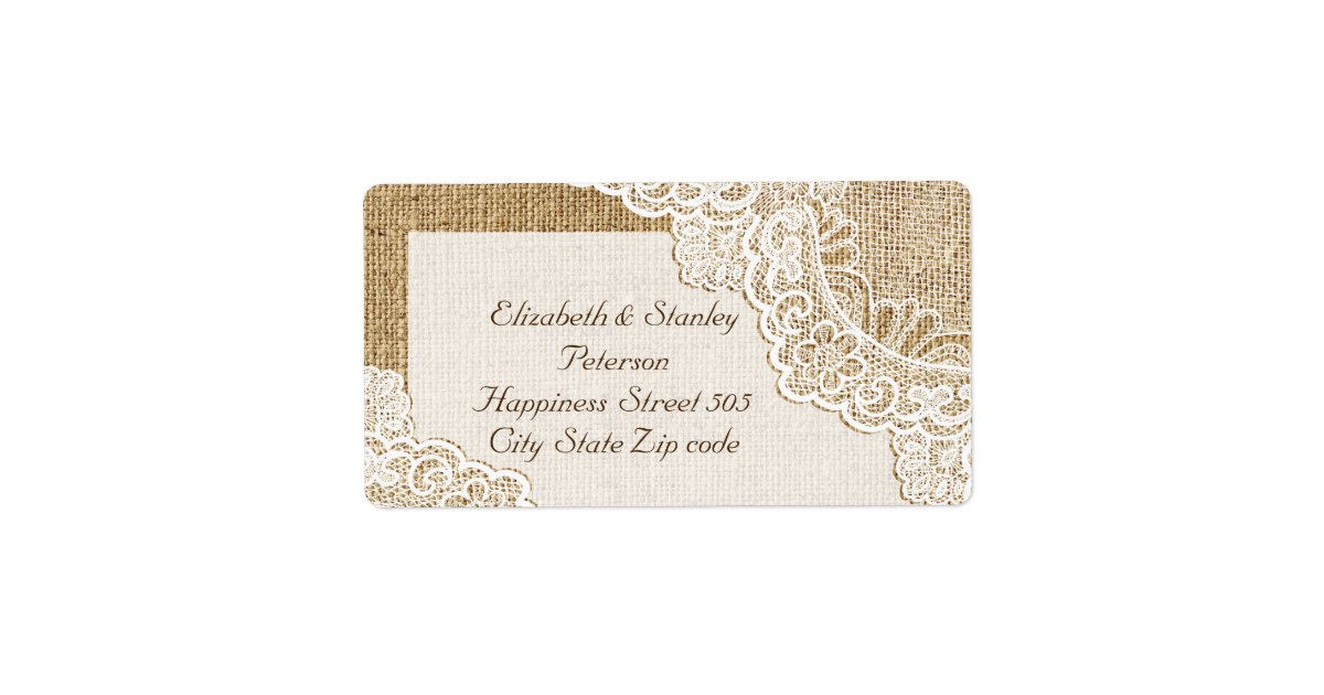 Rustic white lace on burlap wedding label | Zazzle.com