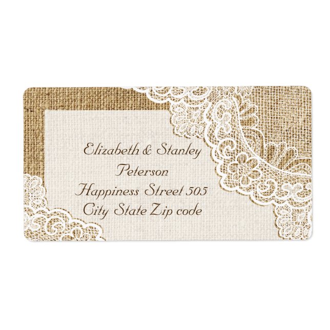 Rustic white lace on burlap wedding label (Front)