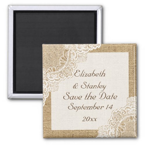 Rustic white lace on burlap wedding Save the Date Magnet