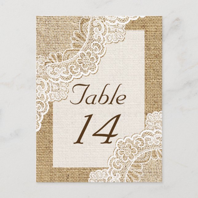 Rustic white lace on burlap wedding table number (Front)