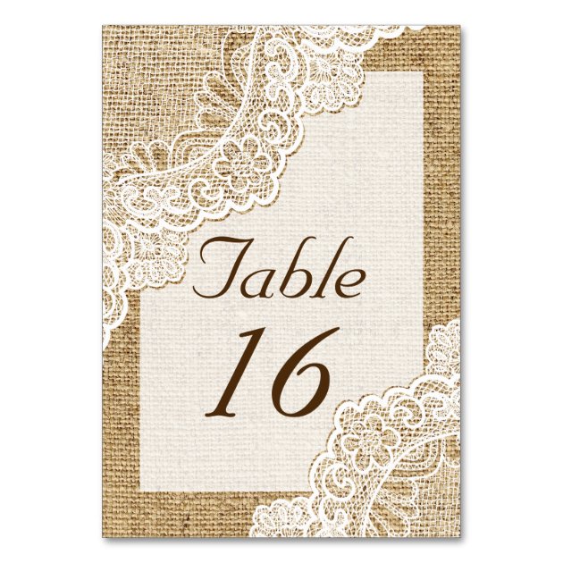 Rustic White Lace On Burlap Wedding Table Number Card