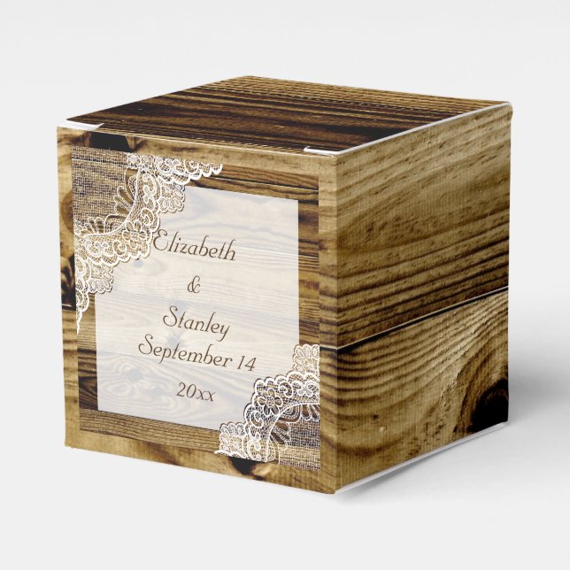 Rustic white lace on wood rustic wedding favor boxes (Front Side)