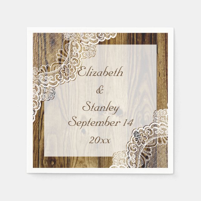 Rustic white lace on wood rustic wedding napkins (Front)