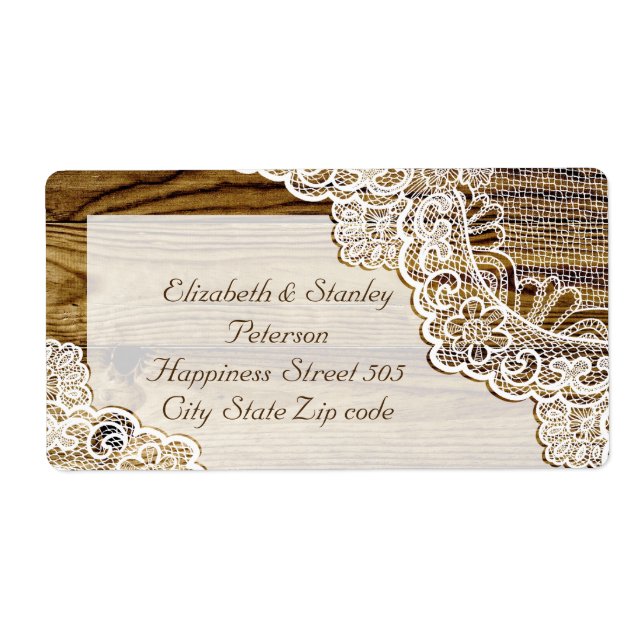 Rustic white lace on wood wedding label (Front)