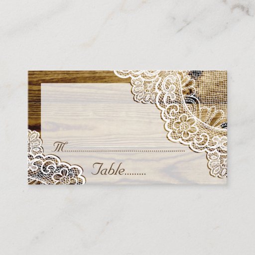 Customizable Rustic white lace on wood wedding place card business card