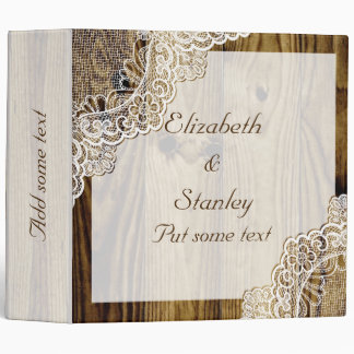 Rustic white lace on wood wedding planner binder