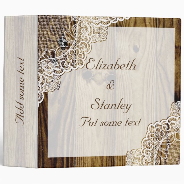 Rustic white lace on wood wedding planner binder (Front/Spine)
