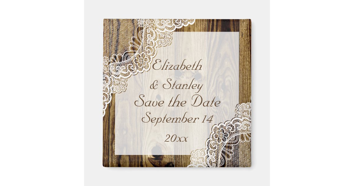 Rustic white lace on wood wedding Save the Date Magnet | Zazzle
