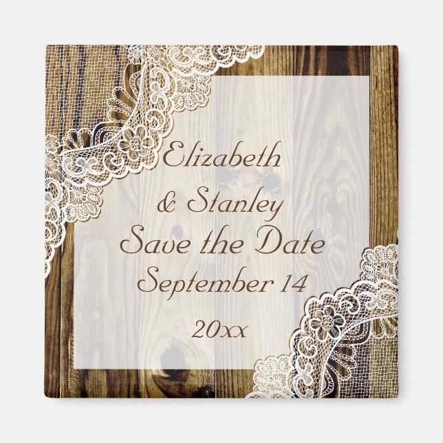 Rustic white lace on wood wedding Save the Date Magnet (Front)