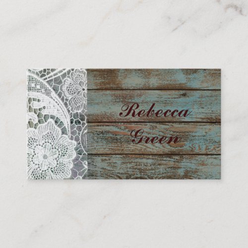 rustic white lace on teal barn board design business cards