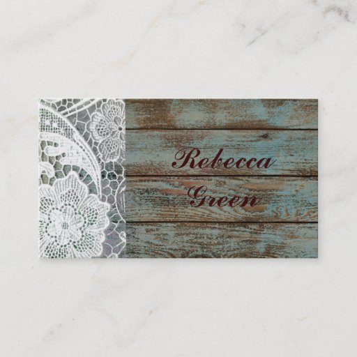 Customizable rustic white lace on teal barn board design business cards