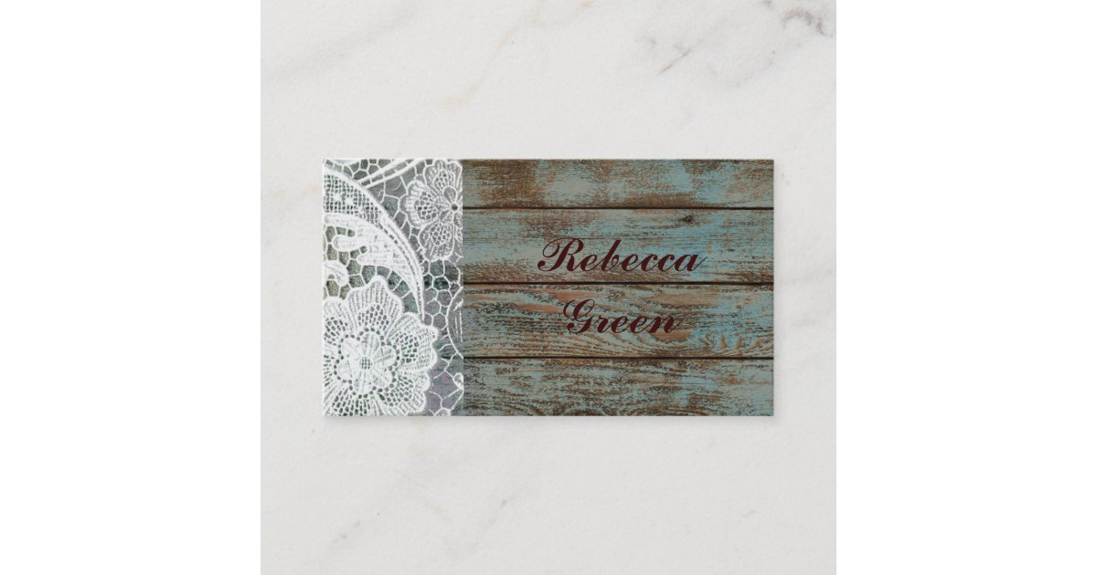 rustic white lace teal barn wood wedding business card