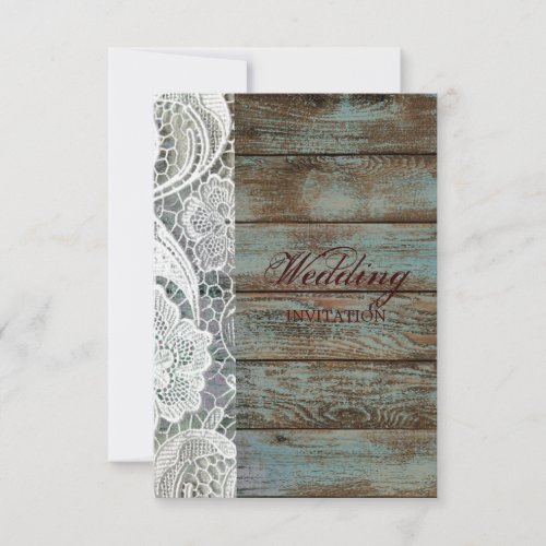 rustic white lace teal barn wood wedding invitation