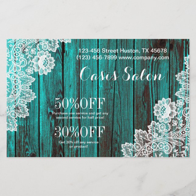 rustic white lace turquoise blue barn wood flyer (Front)