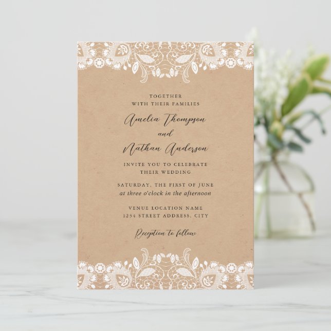 Rustic White Lace Wedding Invitation (Standing Front)