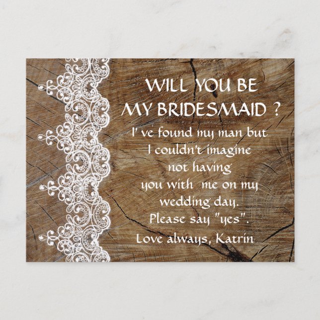 Rustic White Lace Will You Be My Bridesmaid Post Invitation Postcard (Front)