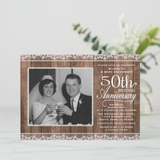 Rustic White Lace & Wood 50th Wedding Anniversary Invitation | Zazzle
