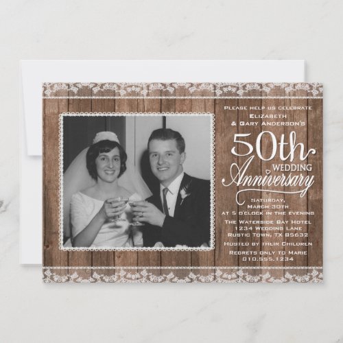 Rustic White Lace  Wood 50th Wedding Anniversary Invitation