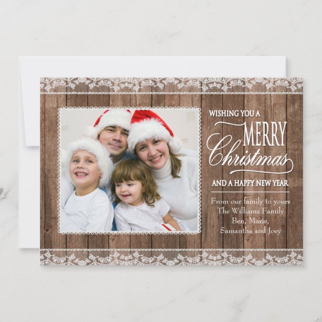 Rustic White Lace & Wood Christmas Flat Photo Card