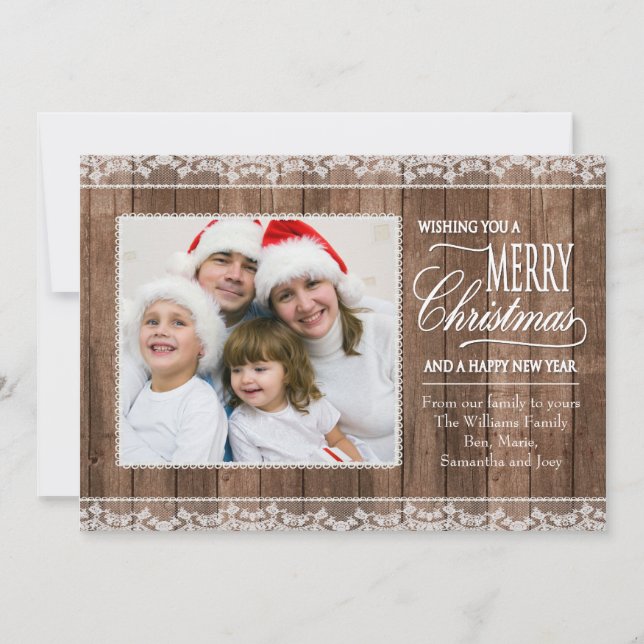 Rustic White Lace & Wood Christmas Flat Photo Card (Front)