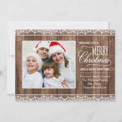Rustic White Lace &amp; Wood Christmas Flat Photo Card