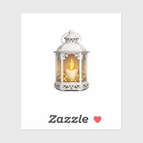 Rustic White Lantern Glowing Candle Gold Berries Sticker