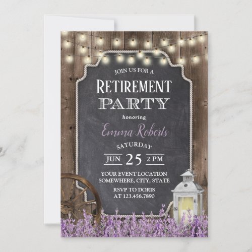 Rustic White Lantern Lavender Floral Retirement Invitation