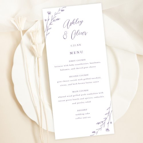 Rustic White  Lavender Floral Wedding Menu Card