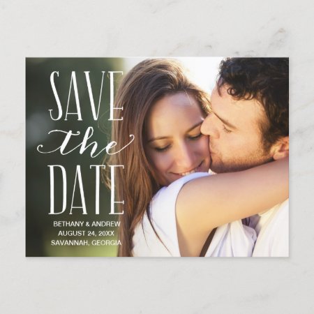 Rustic White Lettering Overlay Save The Date Announcement Postcard