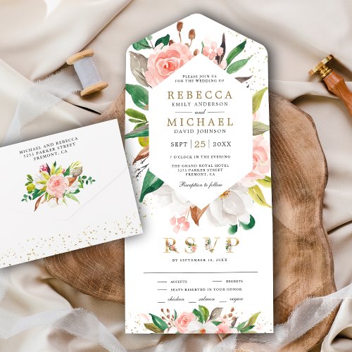 Rustic White Magnolia Blush Pink Floral Wedding All In One Invitation