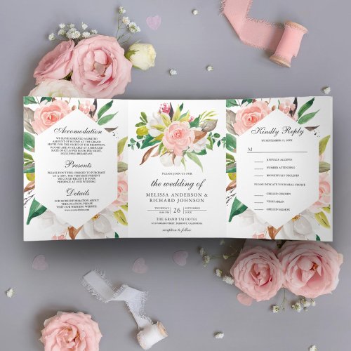 Rustic White Magnolia Blush Pink Floral Wedding Tri_Fold Invitation