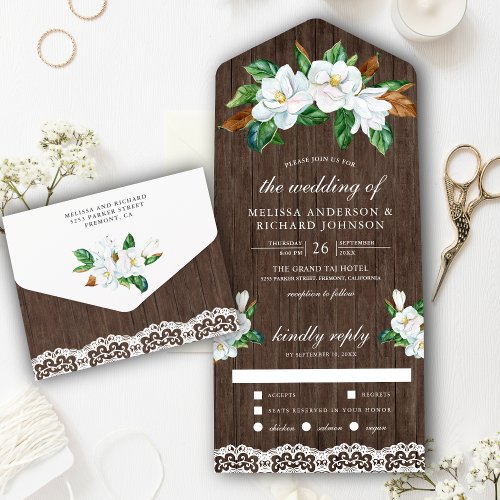 Rustic White Magnolia Floral Barn Wood Wedding All In One Invitation