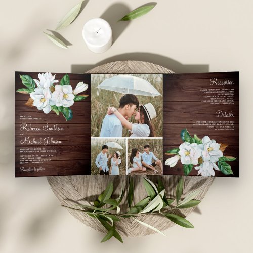 Rustic White Magnolia Floral Barn Wood Wedding Tri_Fold Invitation