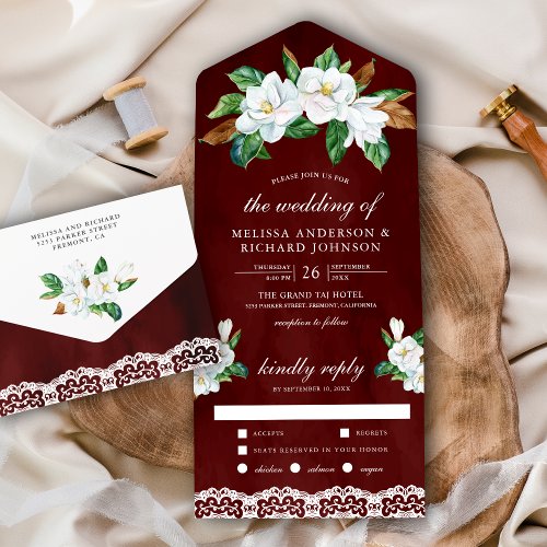 Rustic White Magnolia Floral Burgundy Red Wedding All In One Invitation