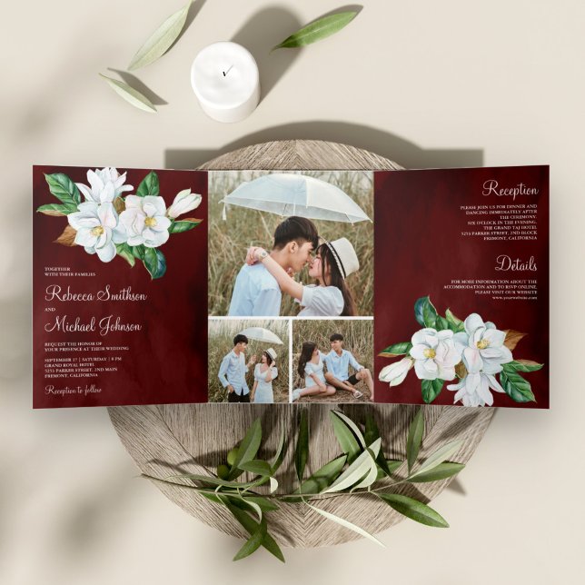 Rustic White Magnolia Floral Burgundy Wedding Tri-Fold Invitation (Creator Uploaded)
