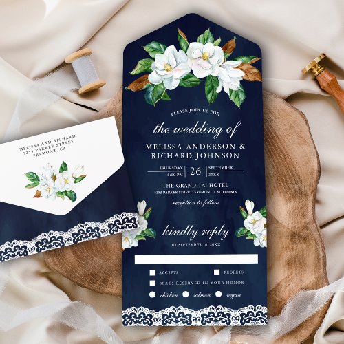 Rustic White Magnolia Floral Navy Blue Wedding All In One Invitation