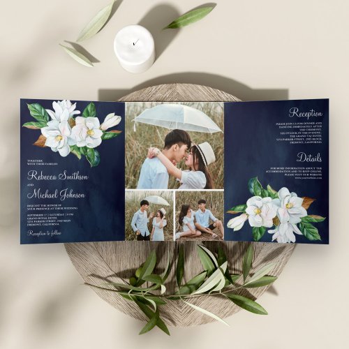 Rustic White Magnolia Floral Navy Blue Wedding Tri_Fold Invitation