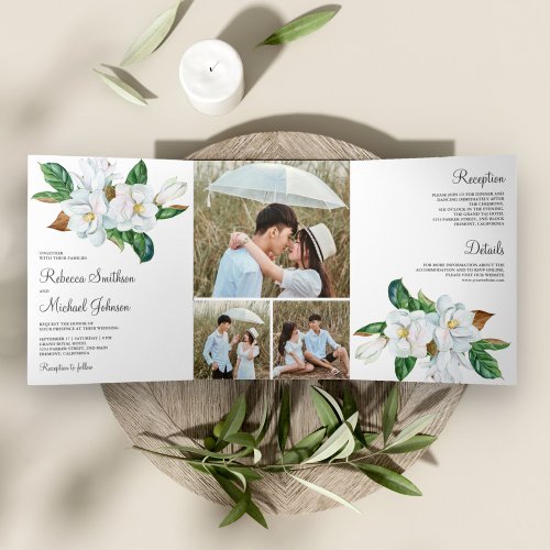 Rustic White Magnolia Floral Photo Collage Wedding Tri_Fold Invitation