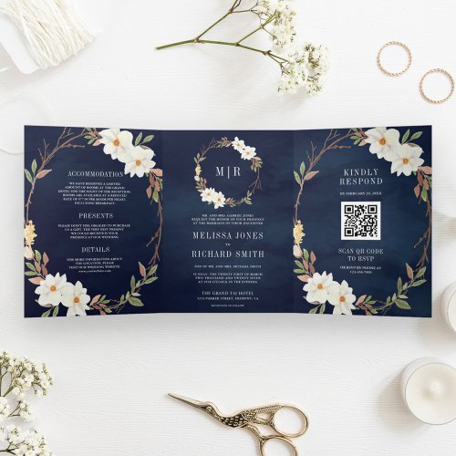 Rustic White Magnolia Floral QR Code Navy Wedding Tri_Fold Invitation