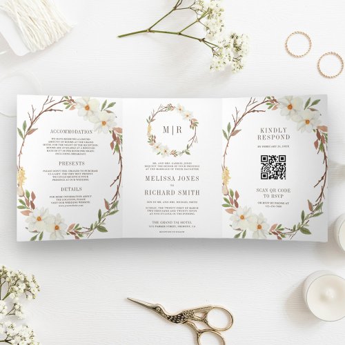Rustic White Magnolia Floral QR Code Wedding Tri_Fold Invitation