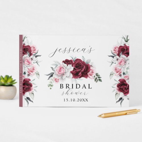 Rustic White Maroon Rose Floral Bridal Shower Guest Book