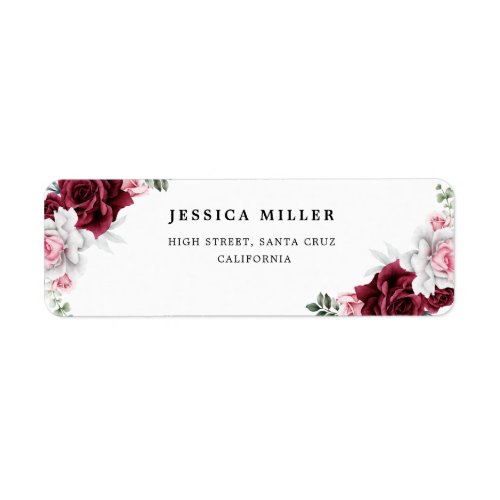 Rustic White Maroon Rose Floral Wedding Address Label