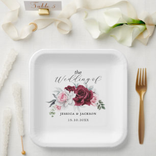 Rustic White Maroon Rose Floral Wedding  Paper Plates