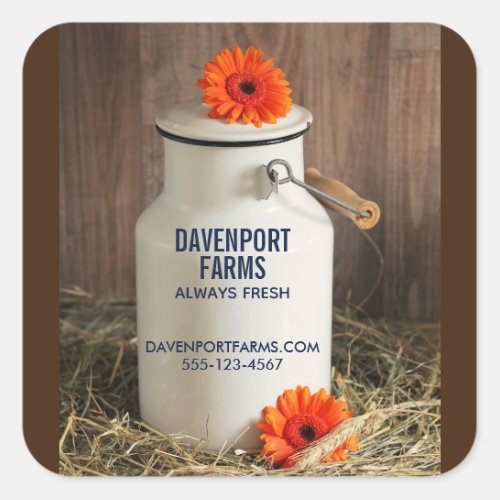 Rustic White Milk Jug with Flowers Farm Business Square Sticker