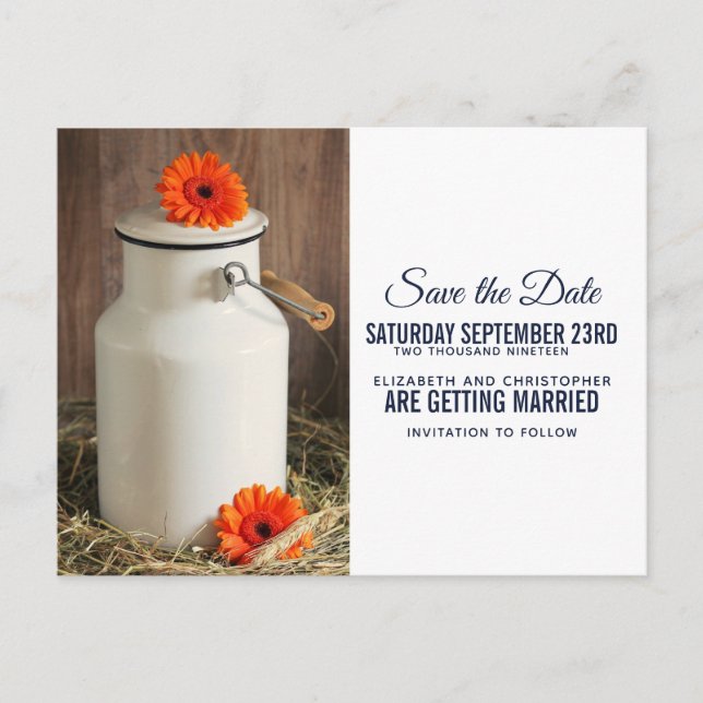 Rustic White Milk Jug with Flowers Save the Date Postcard (Front)