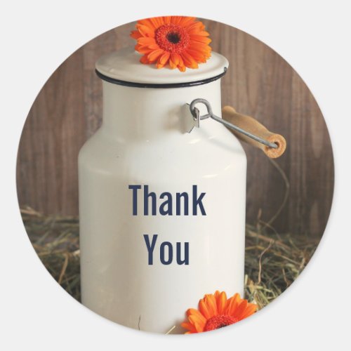 Rustic White Milk Jug with Flowers Thank You Classic Round Sticker