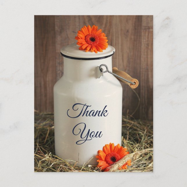 Rustic White Milk Jug with Flowers Thank You Postcard (Front)